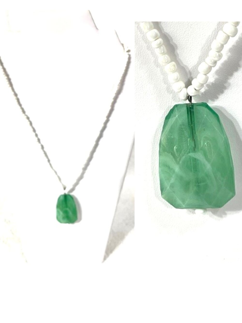 Green Gemstone Pendant Necklace with White Beads